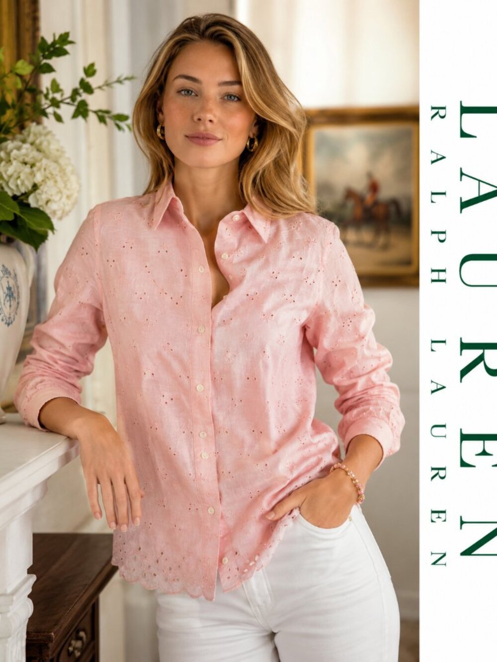 Lauren Ralph Lauren Womens Pink Eyelet Roll-Up Long Sleeve Button Cotton Shirt S